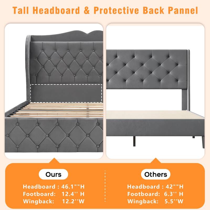 Grey Upholstered Platform Bed with Drawers and Charging Station