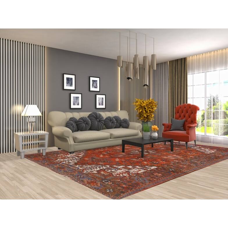 Hand Knotted Oriental 100% Wool Carpet Traditional Medallion Oranges & Rust Heriz Area Rug - 11' 4'' X 7' 11''