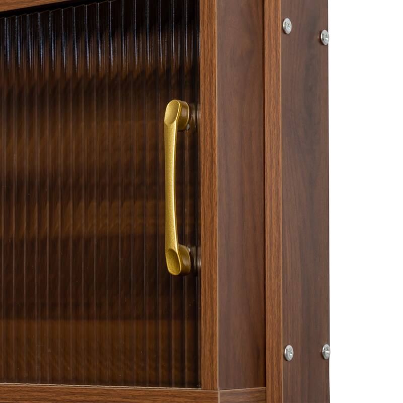 Kitchen Pantry Sideboard with 2 Sliding Striped Glass Doors, Freestanding Countertop Storage Cabinet for Bottles, Wine