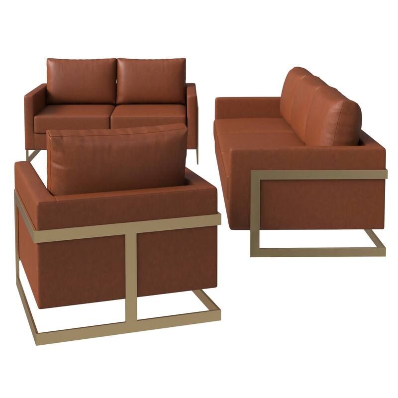 3-Piece Leather Sofa Set with Gold Stainless Steel Base and Removable Cushions