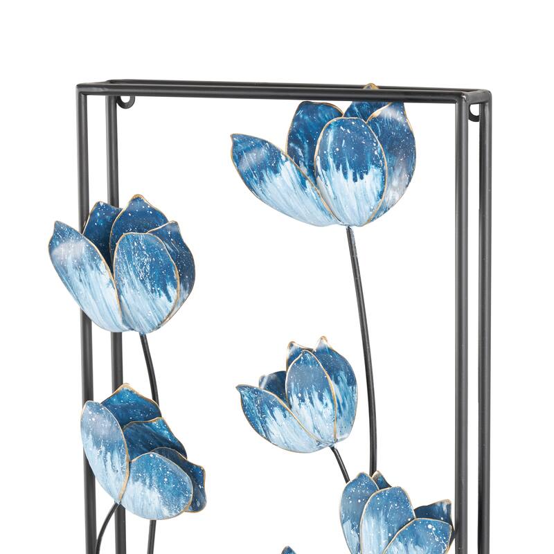 Blue Metal Floral Living Room Wall Decor with Black Metal Stems and Frame (Set of 2)