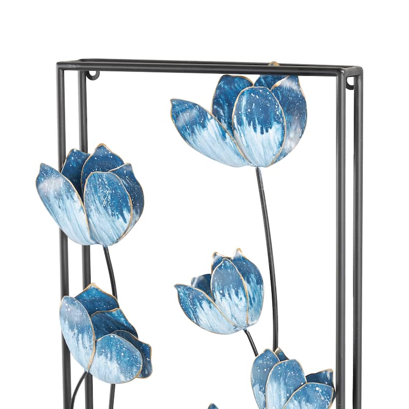 Metal Floral Living Room Wall Decor with Black Metal Stems and Frame - Set of 2 Blue - Roche River Decor