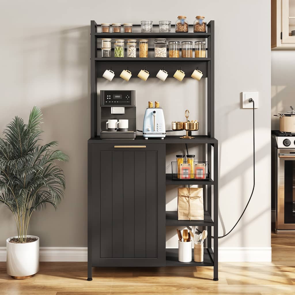 Bakers Rack with Trash Can Bin Cabinet &Power Outlets, Microwave Oven Stand Kitchen Shelf Organizer