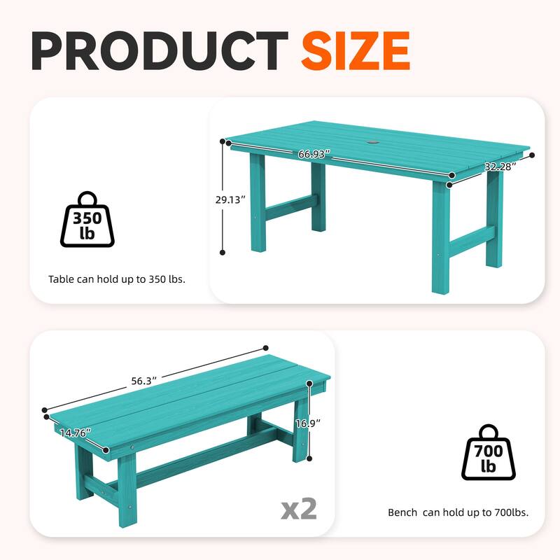 3-Piece HDPE Outdoor Dining Set with Umbrella Hole Table and Two 2-Person Benches