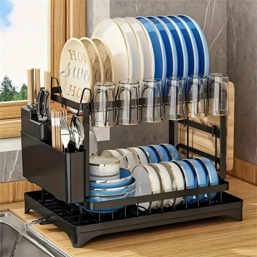 Double Layer Dish Drainer Rack with Utensil Holder & Knife Stand