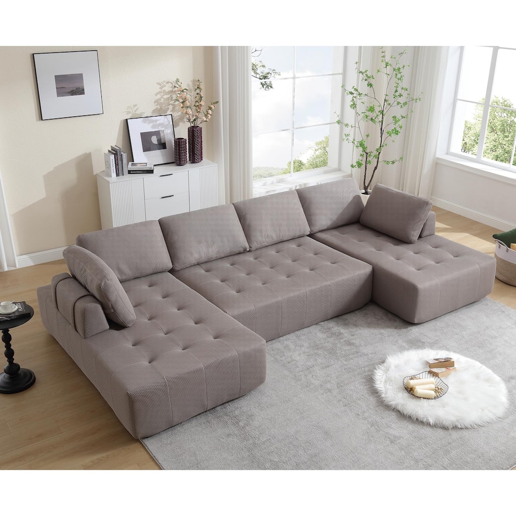 Modular U-Shaped Sofa for Living Room, Breathable Mesh Fabric Upholstered 6-Seat Sofa with Thick Cushioning