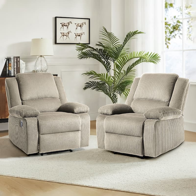 2 Set Corduroy Manual Recliner Glider Club Chair with Footrest - Oatmeal
