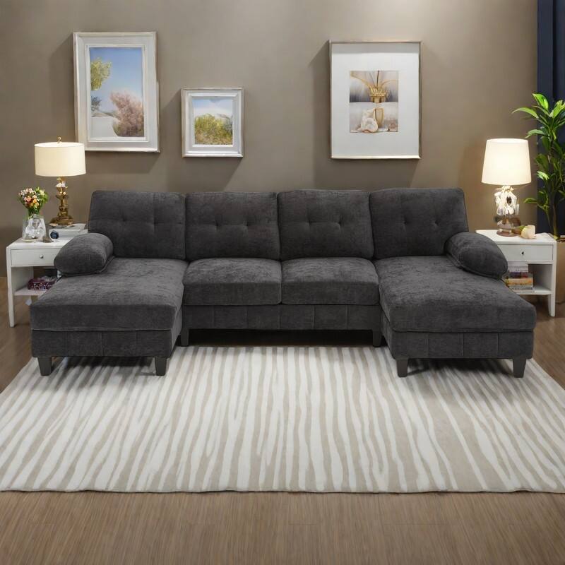 103.5" Chenille U-Shaped Sectional Sofa with Dual Chaise Lounges and Storage Pockets - Black