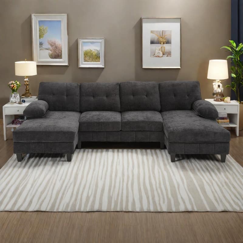 103.5" Chenille U-Shaped Sectional Sofa with Dual Chaise Lounges and Storage Pockets