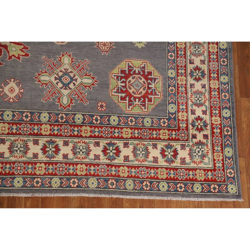 Hand Knotted Oriental 100% Wool Carpet Traditional Geometric Greys & Charcoal Kazak Area Rug - 11' 11'' X 9' 0''
