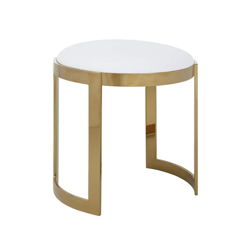 Niyo 19 Inch Accent Stool Ottoman, Round Cushioned White Faux Leather, Gold