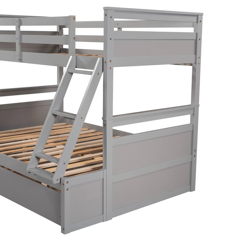 Twin over Full Bunk Bed with Storage in Gray, Space-Saving Design with Drawers