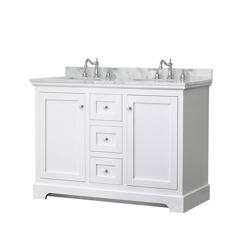 Wyndham Collection Avery 48" Free Standing Double Basin Vanity Set - White / White Carrara Marble Top / Polished Chrome - Painted