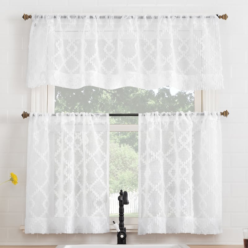 No. 918 Tina Geometric Clipped Semi-Sheer Rod Pocket Kitchen Curtain Valance and Tiers Set - 54" x 36" - White