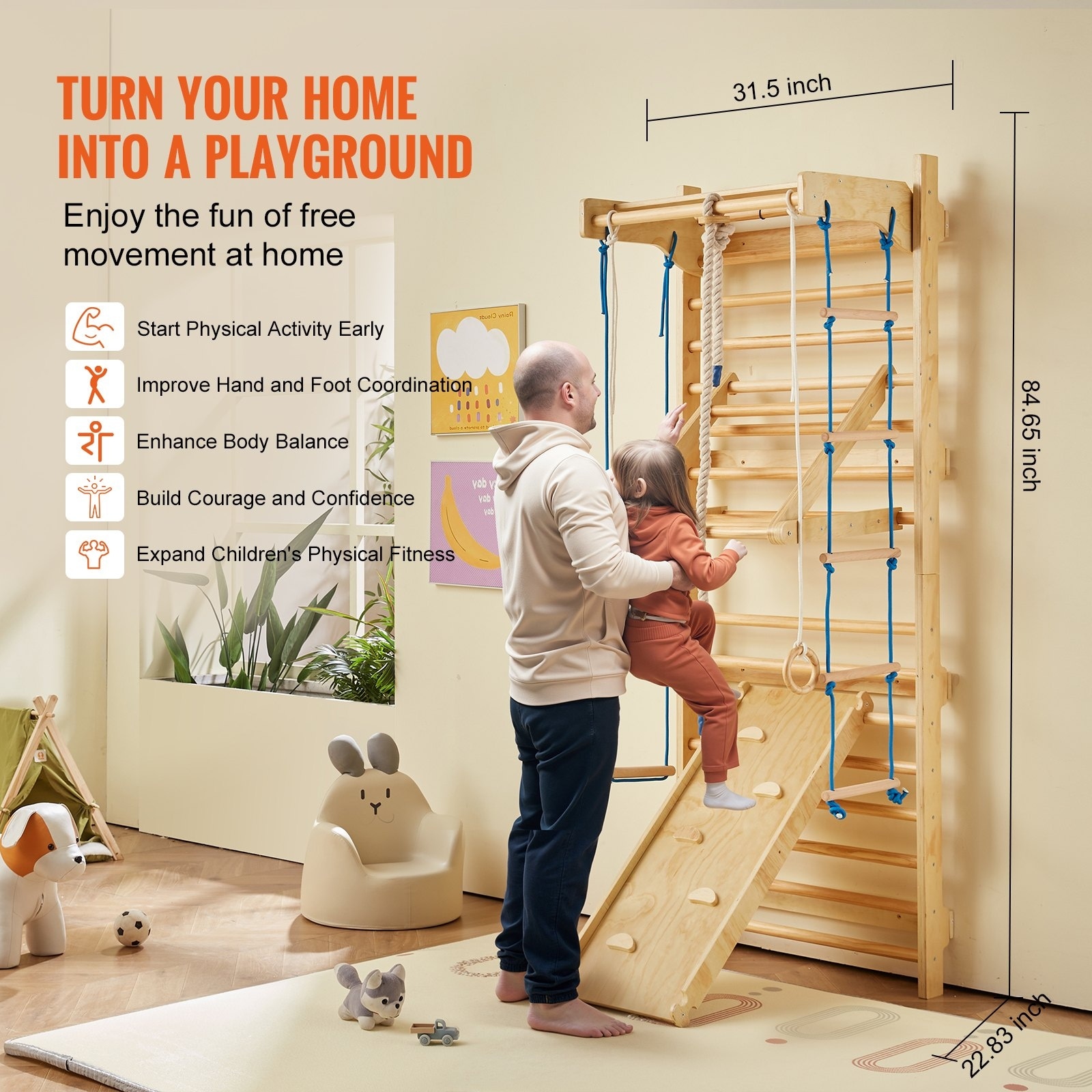 Natural Pine Wood 15-Level Ladder Wall Gym Set with Rings - 31.5undefined L  x 22.83undefined W x 84.65undefined H - buybuy BABY - 42825124