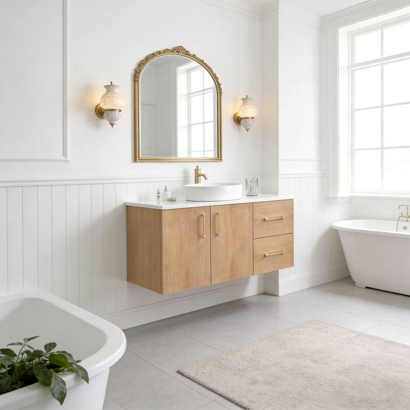 Prismella 36" 48" Floating Vanity with Round Vessel Sink, Quartz Top