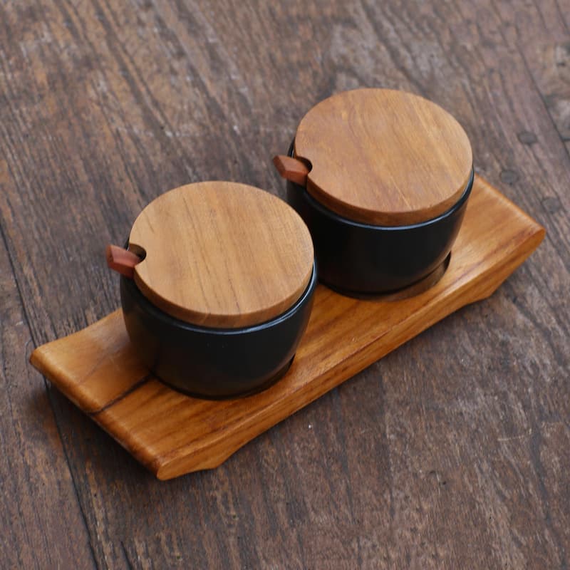 Novica Handmade Flavor Duo In Black Ceramic And Teak Wood Condiment Set