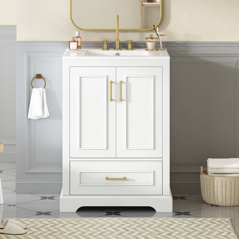 24" Bathroom Vanity with Sink Bathroom Storage Cabinet with 1 Divided Drawer and Dual Door Storage Racks - White