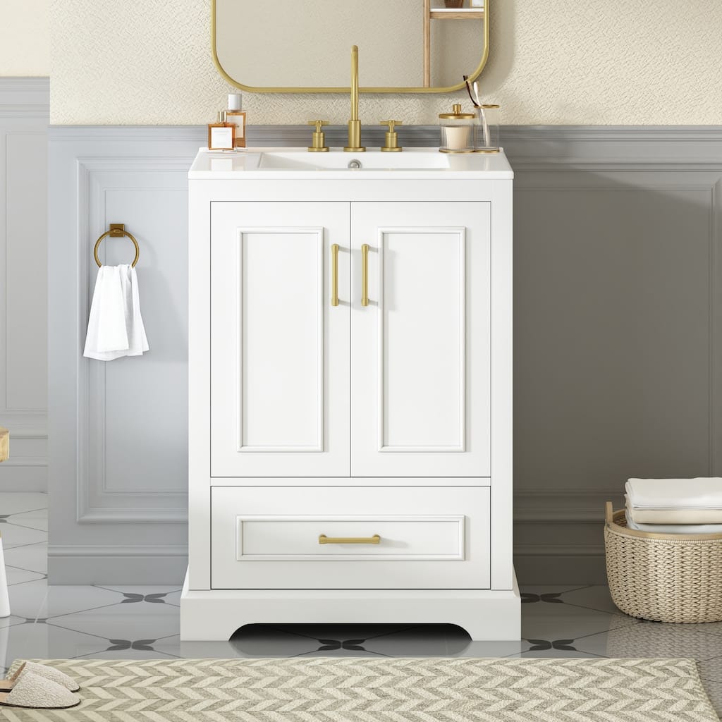 24"Bathroom Vanity With Sink,1 Divided Drawer And 2 Soft Close Doors With Double Shelf On The Door