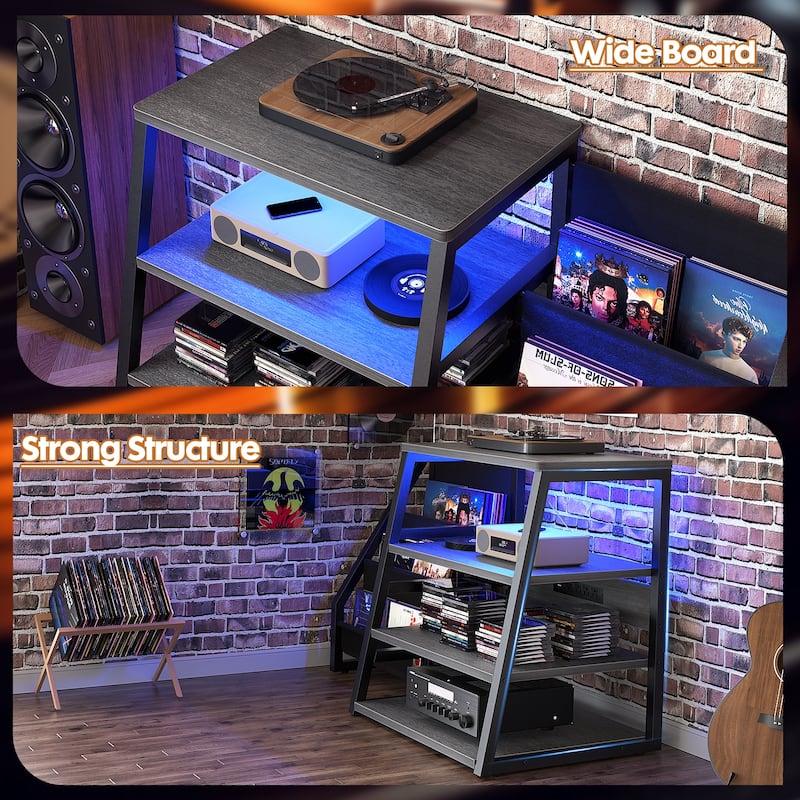 4-Tier Record Player Stand with Vinyl Record Storage ＆ LED Light ＆ Charging Station, Record Player Table, Media Console