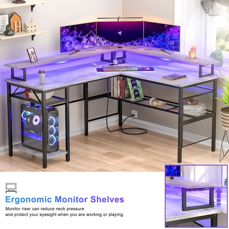 L Shape Computer Desk Reversible Gaming Desk with Charge Station and LED Light