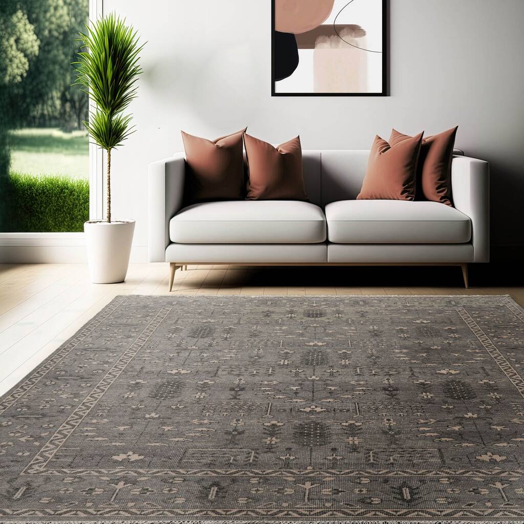 Hand Knotted Oushak Gray All-Over Wool Traditional Oriental Area Rug - 9' 2'' x 11' 11''