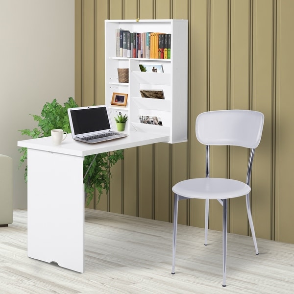 HOMCOM Compact Fold Out Wall Mounted Convertible Desk With Storage, White