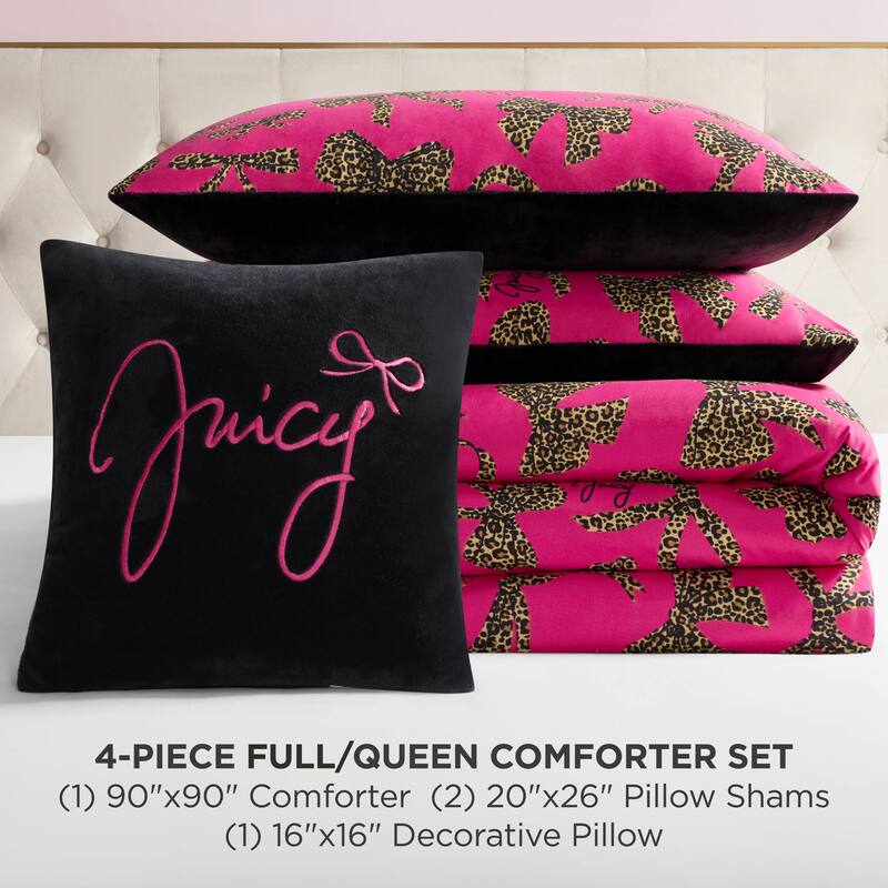 Juicy Couture Solid Plush Reversible Cheetah Bows Comforter Sets