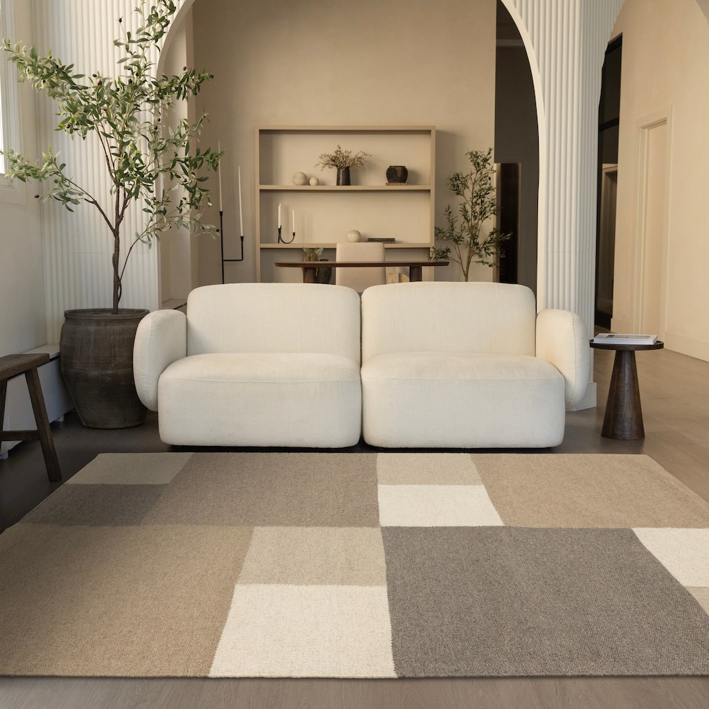 Taupe Beige White Stacked Squares Handmade Wool Rug