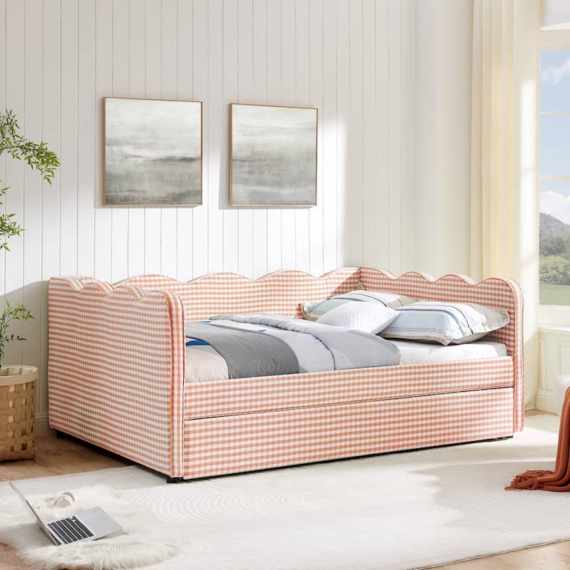 Upholstery Daybed Full Size Sofa Bed with Twin Size Trundle and Charging Ports, Linen Fabric Plaid Pattern and Wavy Silhouette - Pink - Full
