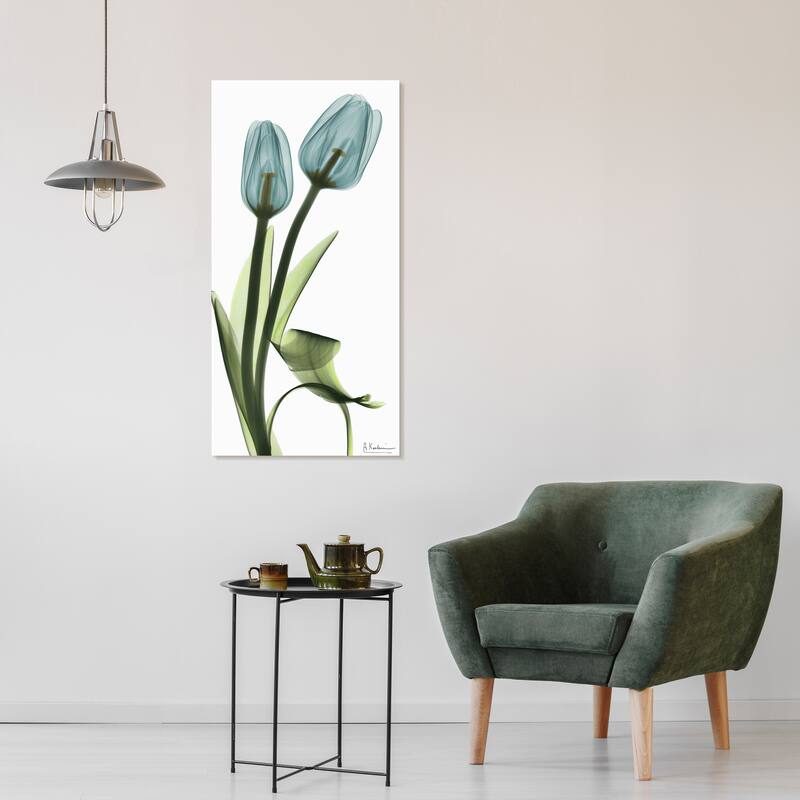 "Blue Tulips" Frameless Free Floating Tempered Glass Panel Graphic Wall Art