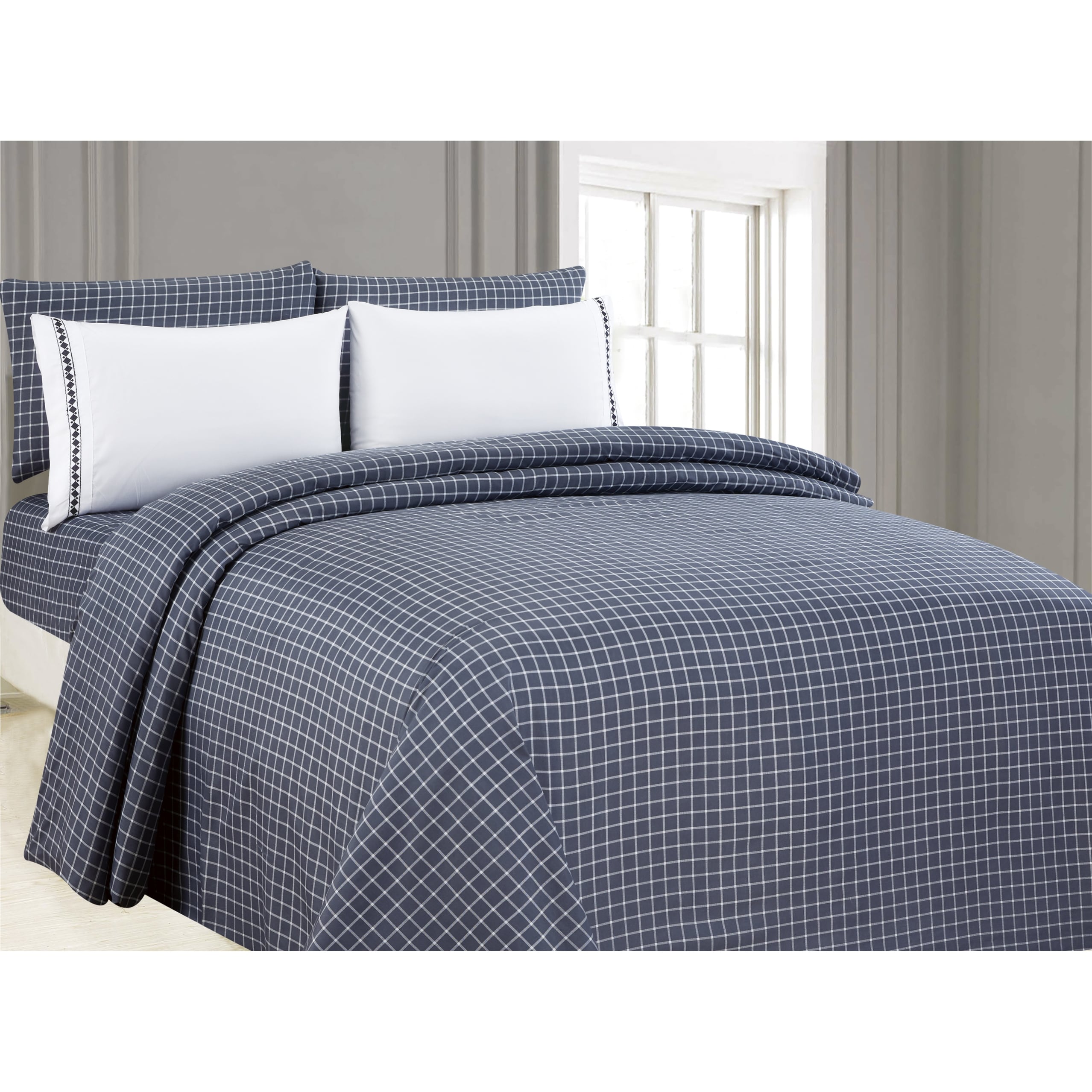 6-Piece Printed Sheet Set with Embroidered Pillowcases, Modern Plaid - N/A