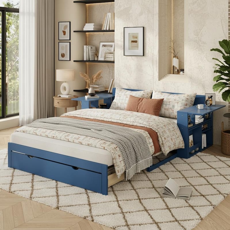4-in-1 Convertible Daybed with Foldable Desk, Pull-Out Bed & Storage by Harper&Bright Designs - Blue - Full