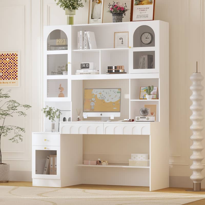 Multi-Tier Bookcase Built-In Desk - Space-Saving Design Home or Office