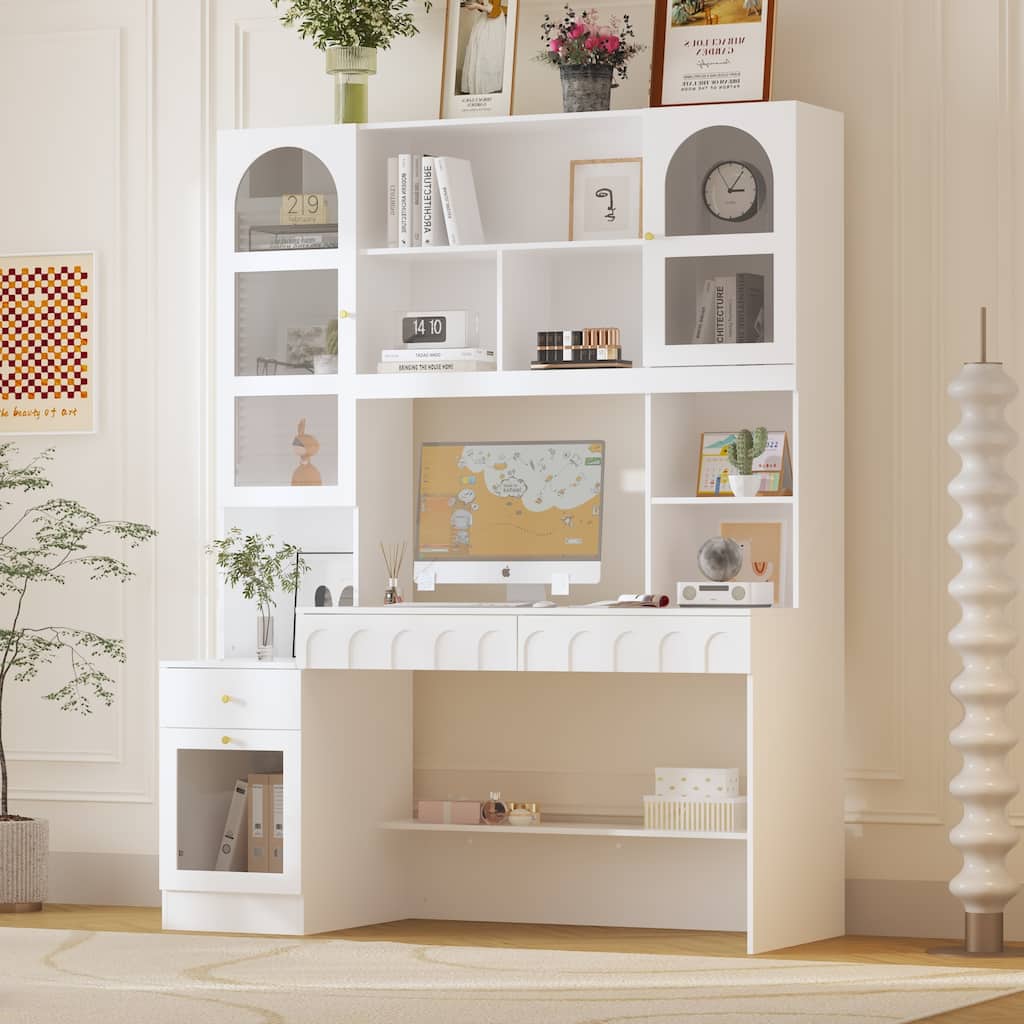 Multi-Tier Bookcase Built-In Desk - Space-Saving Design Home or Office