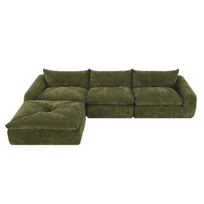 L-Shape Sectional Sofa with Ottoman, Chenille Sofa with Integrated Backrest & Seat Cushion, Fully Compressed Foam 4 Seat Sofa
