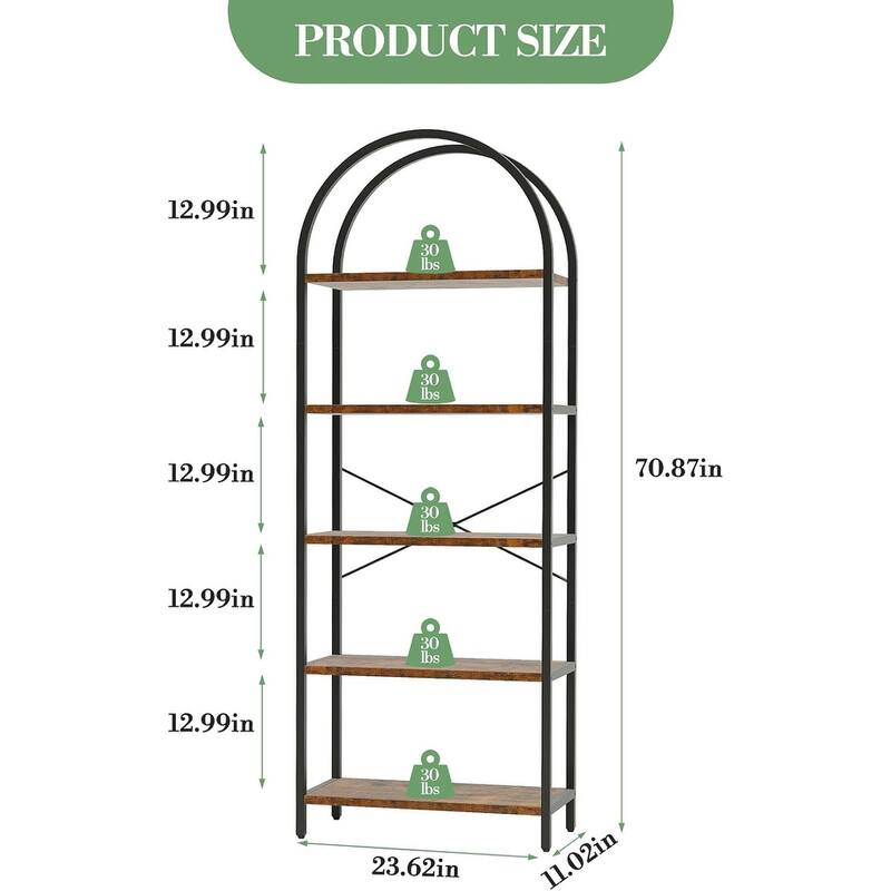 5-Tier Arched Bookshelf, Tall Wood Bookcase with Metal Frame, Modern Storage Rack for Living Room, Bedroom, or Home Office - Black+ Retro Brown