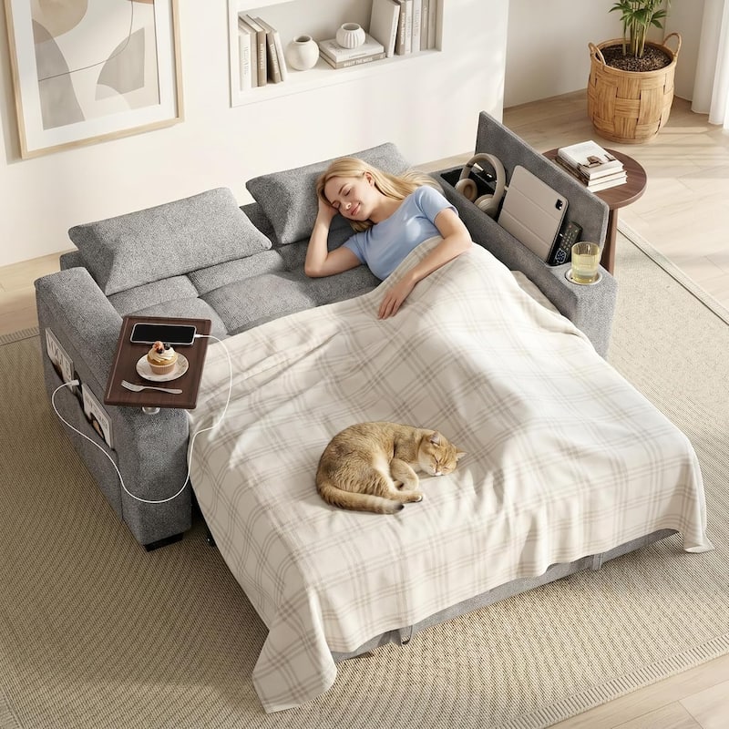 68" Chenille Fabric Sleeper Sofa Bed,Pull Out Couch with 360 Degree Swivel Side Table,USB Port,Cup Holder,Armrest Storage