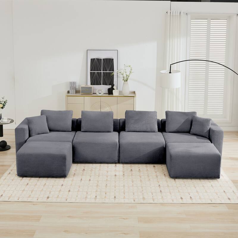 U-shaped Corduroy Sectional Sofa with 2 Large Ottomans, Square Arms & Ottoman Extension