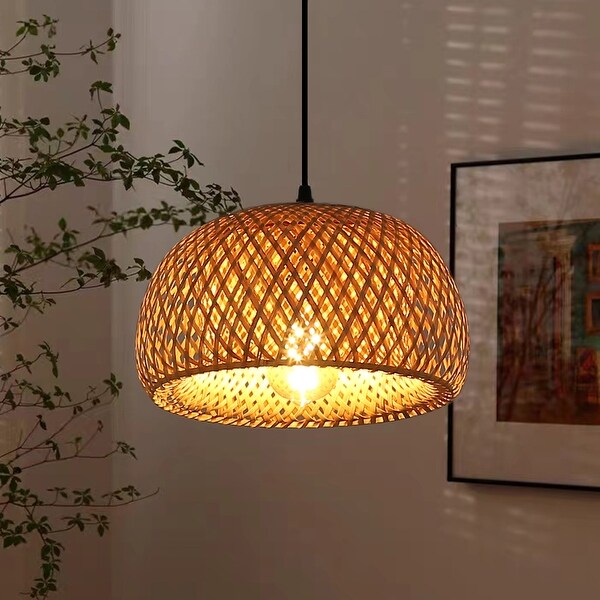 Modern Plug in Cord Bamboo Lantern Pendant Light with Switch Woven Rattan Shade Chandelier Adjustable Hanging Wall Lamp 11.02 11.02 5.9