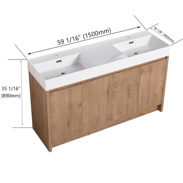 dimension image slide 1 of 7, BNK 24/30/48/60 inch Freestanding Resin Sink Bathroom Vanity with Soft Close Door and Adjustable Shelf