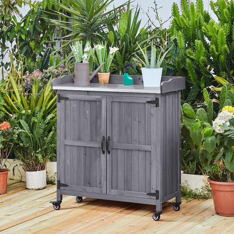 Yaheetech Garden Potting Bench Table Wooden Storage Cabinet - Grey