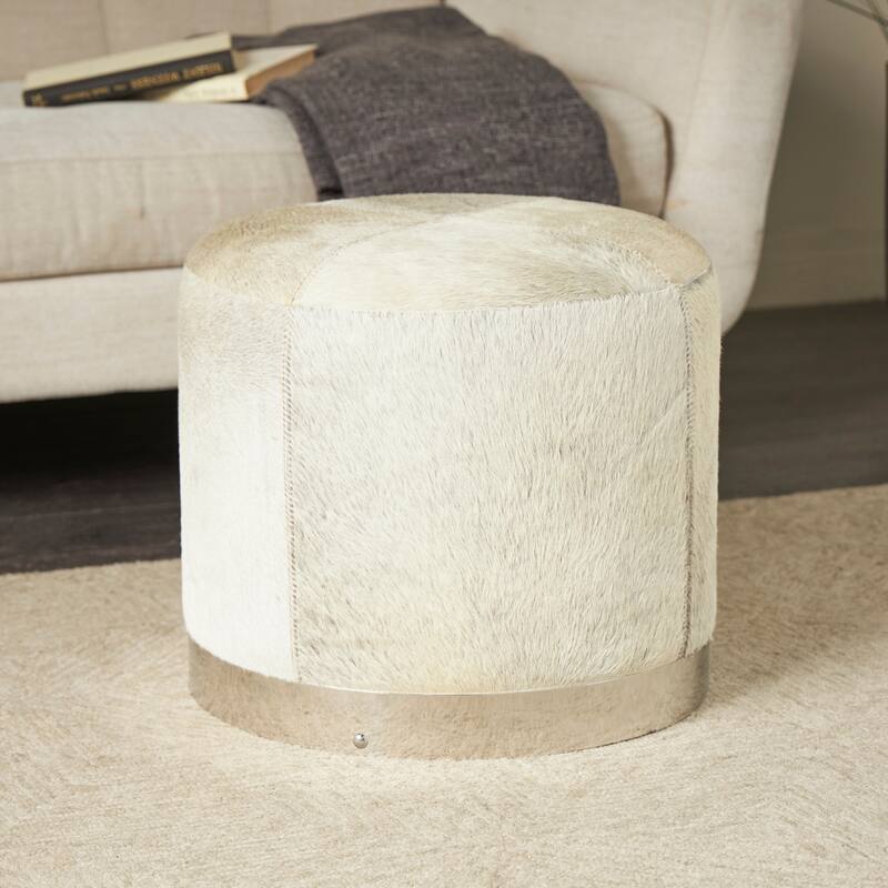 Gray Leather Patchwork Stool with Silver Metal Base - Gray