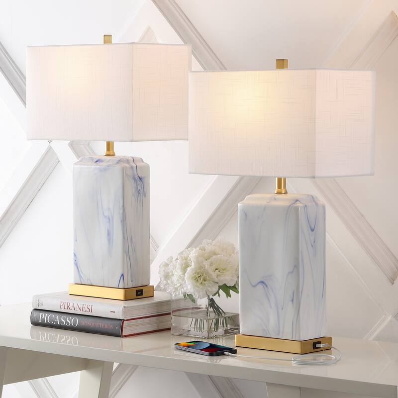 Easton 24.5" Modern Coastal Iron/Marbled Ceramic LED Table Lamp with USB Charging Port, Blue/White (Set of 2), by JONATHAN Y