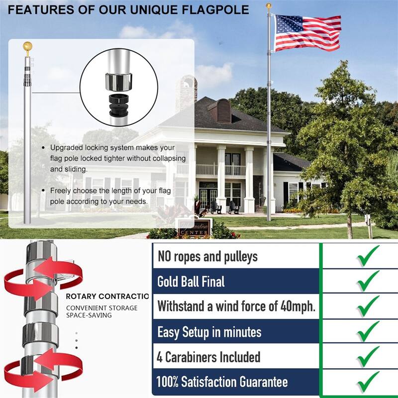 20ft Telescopic Aluminum Flagpole with US Flag Ball