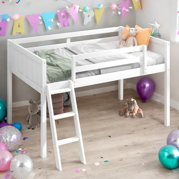 slide 2 of 9, Modern Twin Size Wood Low Loft Bed With Convertible Ladder Can Be Placed On The Left Or Right for Bedroom White