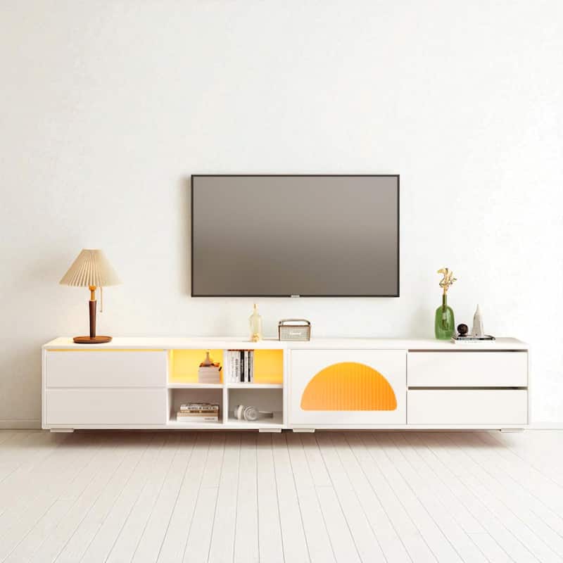 94.4" Modern TV Stand for 100" TVs, Arched Tempered Glass Door, Sliding Panel & 2 Drawers, App-Controlled LED Console - White