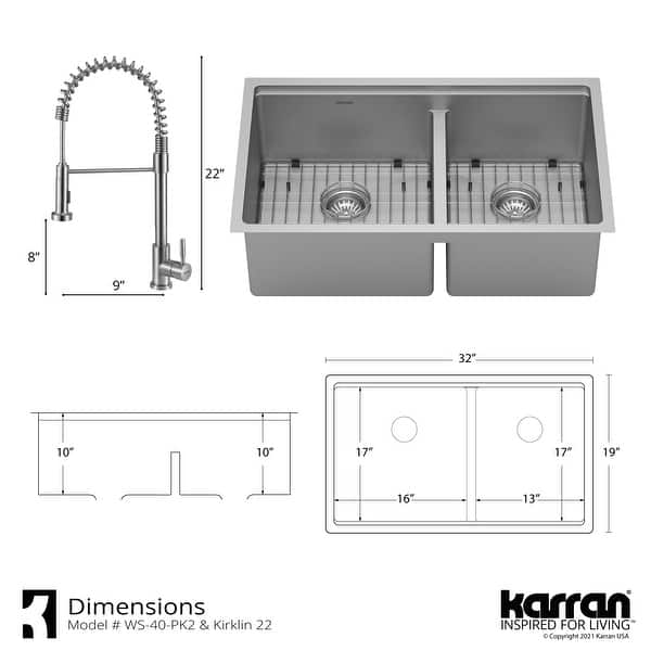 Karran 32" Undermount Double Bowl 60/40 Stainless Steel Workstation Sink