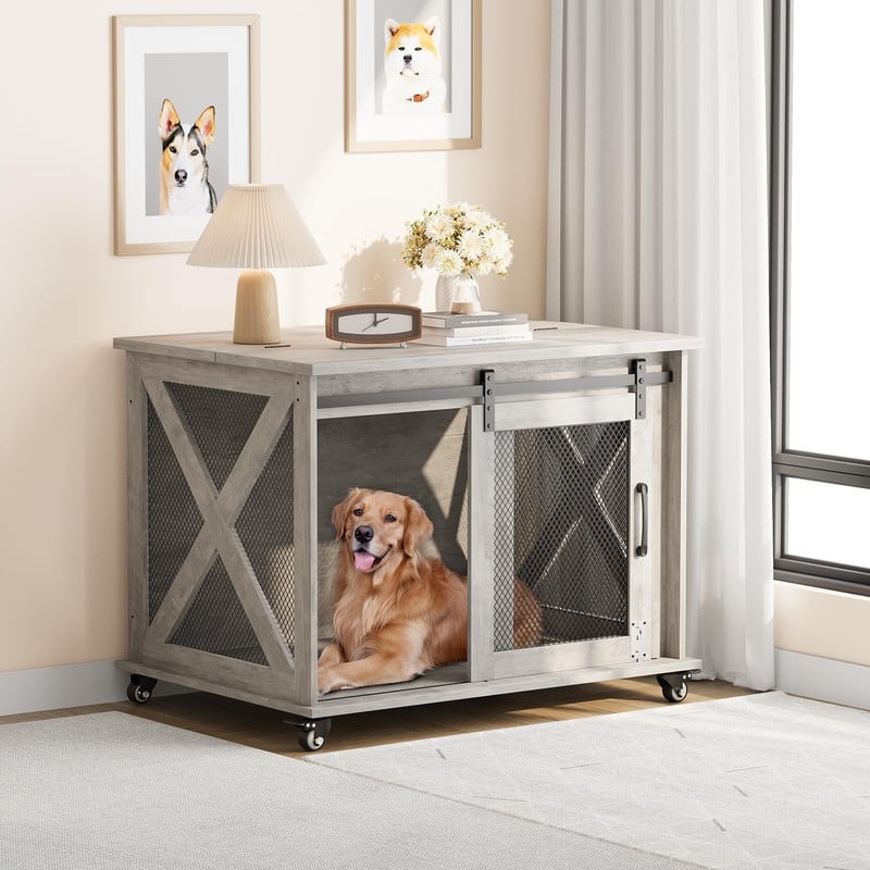 Large Wooden Dog Crate Kennel Furniture Side End Table with Flip Top and Movable Divider - Grey