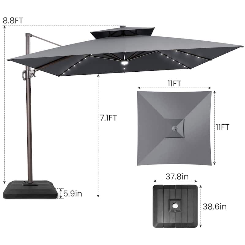 11 FT Outdoor Solar-Powered LED Light Aluminum Double Top Patio Cantilever Umbrella with Fillable Base